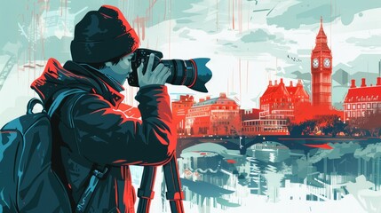 Wall Mural - Inspirational illustration of a photographer in action with a backdrop of famous locations for World Photography Day