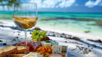 Wall Mural - A glass of a wine and food on the beach, AI