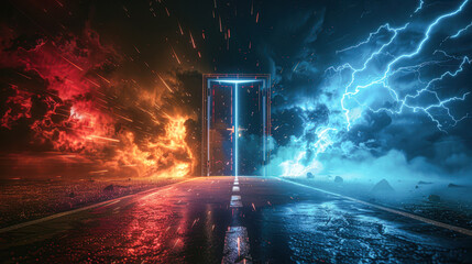 Wall Mural - Dynamic Thunder Bolt Road Leading to Bright Open Door