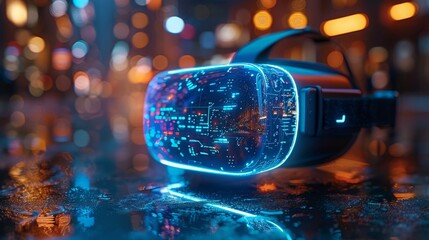 Poster - A close-up shot of a virtual reality headset projecting a holographic display, set against a blurred cityscape backdrop of glowing lights.
