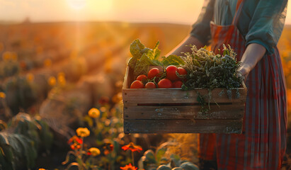 Wall Mural - Basket of vegetables against the background of a vegetable garden