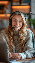 Poster - A woman wearing headphones is typing on a laptop