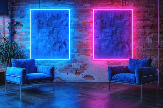 Two blue neon glowing blank picture frames on dark navy background for showcase exhibition or display of goods, event signs, mock up of menu, night club, film posters.