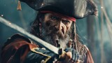 Fierce pirate with a grizzled beard and bandana, holding a sword, ready for battle.