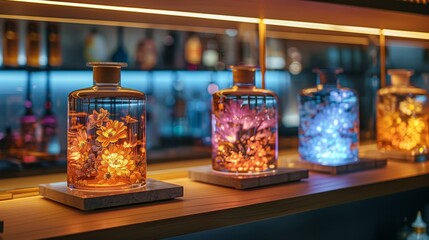 Poster - A close-up view of four glass jars containing holographic flowers, displayed on a shelf in a modern bar setting.