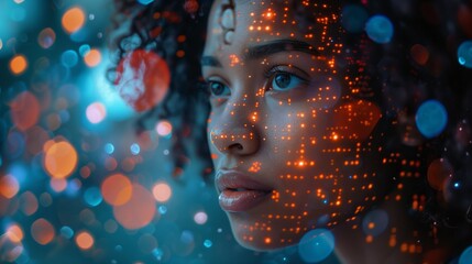 Poster - A close-up shot of a womans face illuminated by orange lights. She is looking off to the side, and her face is covered in a pattern of lights.