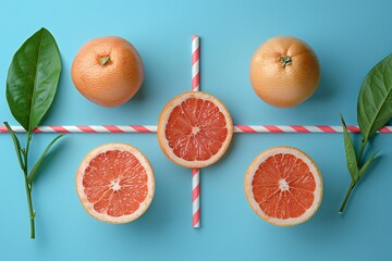 Poster - Four grapefruits, two oranges, blue surface