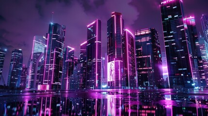 Wall Mural - Modern buildings skyscrapers night cyberpunk city Neon lights. AI generated image