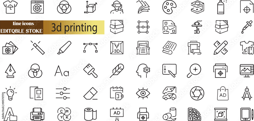 3D print and printing icon set with additive manufacturing Stock Vector ...