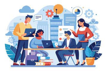 Poster - A team of four diverse individuals work together on a project in a modern office setting. They are using laptops and collaborating effectively.