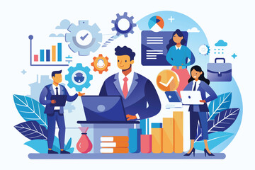 Poster - A team of business professionals work together on a digital project. One person uses a laptop, while another looks at charts.