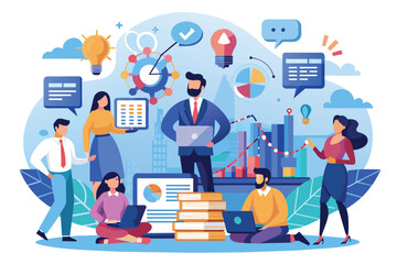 Poster - A group of diverse people work together on a variety of projects, using computers and data analysis tools. They are surrounded by graphics and symbols representing data and ideas.