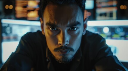 The picture of the software developer or programmer working with the computer and data inside the dark room with monitor, the developer require skills like problem solving and program language. AIG43.