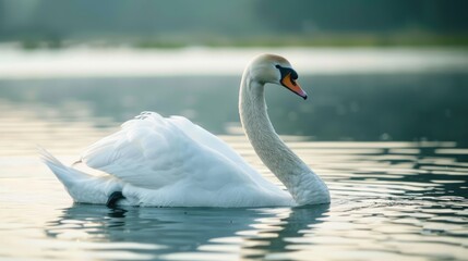 Wall Mural - Close up photograph of a solitary white swan gracefully swimming in a lake