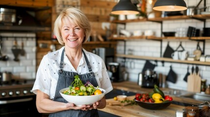 Wall Mural - Elderly woman smiling happily, holding a nutritious vegetable salad in a home kitchen setting