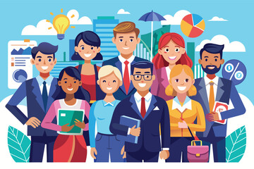 Poster - An illustration of a diverse group of professionals standing together in a city environment. They are all smiling and looking confident, representing a team or a company.