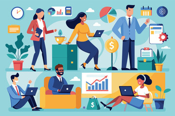 Poster - A diverse team of professionals work together in a modern office space. They are using laptops, analyzing charts, and discussing ideas.
