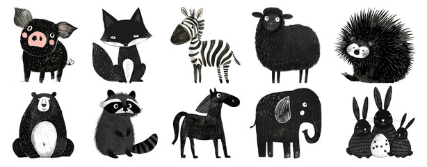 Sticker - PNG Black kid art of animal  cut out element set