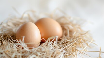 Two new chicken eggs in a nest of straw on a white background with space for text