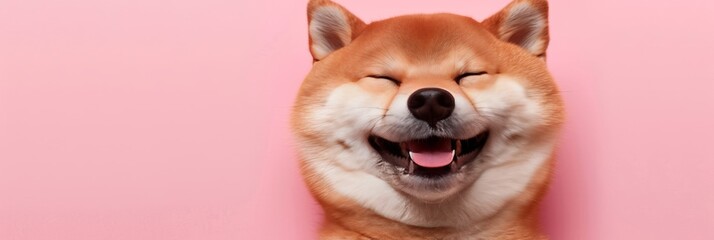 Cheerful shiba inu dog smiling happily on soft colored background with space for text