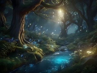 Wall Mural - An enchanted forest with luminescent plants and a sparkling waterfall.