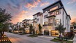 © Nijat - A recently constructed row of three-story single-family homes faces Panorama Park in Richardson, North Dallas. Modern urban housing design near a broad road with adjacent private courtyards