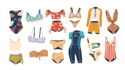 Assortment Of Women Swimsuits, Bikinis And Beachwear In Various Styles And Patterns. Collection Includes One-piece Suits