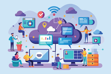 Poster - An illustration depicting people using cloud computing and networking technology in a modern office setting.