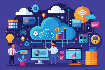Poster - Illustration depicting two men working on data analytics and cloud computing. One man points at a computer screen displaying graphs and charts