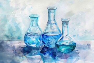 Poster - Three glass containers filled with a clear blue substance