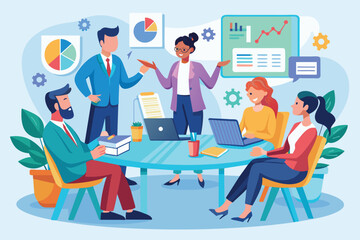 Poster - An illustration of a business team gathered around a table in an office setting, discussing data presented on charts and graphs displayed on a whiteboard.