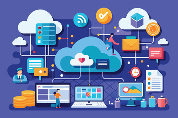 Poster - A colorful illustration depicting a modern business setting with people using technology connected to the cloud.