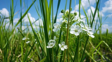 White Cardamine occulta blooms in a paddy field