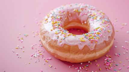 Wall Mural - A delicious-looking doughnut with white icing and colorful sprinkles on a pink background