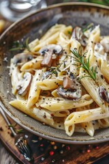 Poster - A plate of pasta served and fresh herbs, perfect for a comforting meal