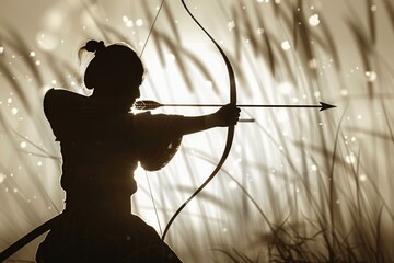 Poster - A silhouette of a woman holding a bow and arrow, great for backgrounds or scenes with outdoor activities