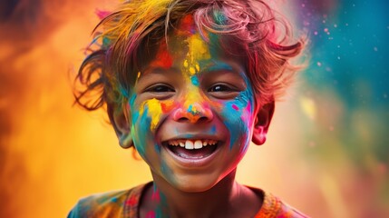 a child's face transformed into a canvas of vibrant Holi paint colors, capturing the innocence and excitement of the festival.