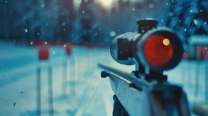Poster - A close-up view of a rifle lying on a snowy surface