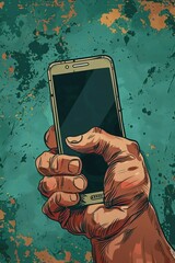 Poster - A person holding a cell phone against a green background