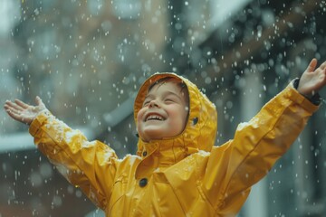 Poster - A young boy wearing a yellow raincoat stands in the rain, illustration of a child playing outside on a rainy day