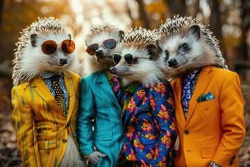 Poster - Three hedgehogs wearing colorful suits and sunglasses