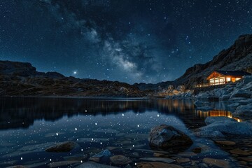 Aufkleber - A single-story house situated at the edge of a mountain, overlooking a serene body of water