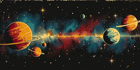 Canvas Print - this is a retro space poster template with planets orbits moons and stars this poster features a cosmic background with retro colors and style