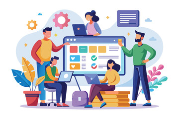 Poster - A team of five individuals work collaboratively on a web design project, using laptops and a large monitor to view a website layout.