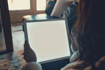 Wall Mural - A woman holds a tablet with a blank white screen