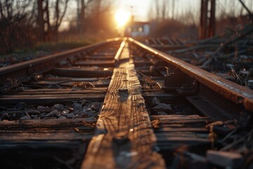 Poster - A train track stretching into the distance as the sun sets behind, capturing the warm golden light of the day's end