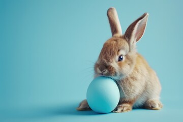 Aufkleber - A rabbit holds a blue egg in its mouth, a curious and unexpected scene