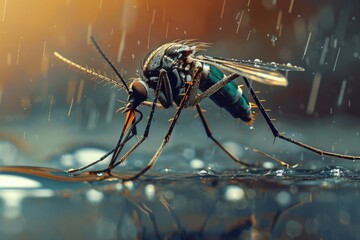Poster - A close-up shot of a mosquito perched on a leaf or branch, sitting in the rain