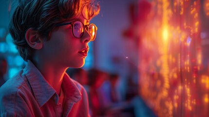 Poster - A young student in a futuristic classroom listens intently to a holographic teacher.