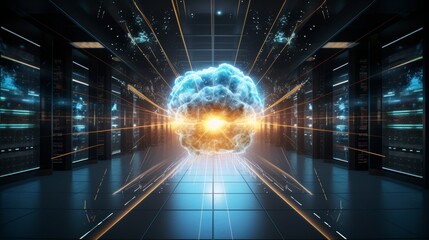 Poster - data center bursting with energy, symbolizing the vast amount of information and communication that powers the internet economy.